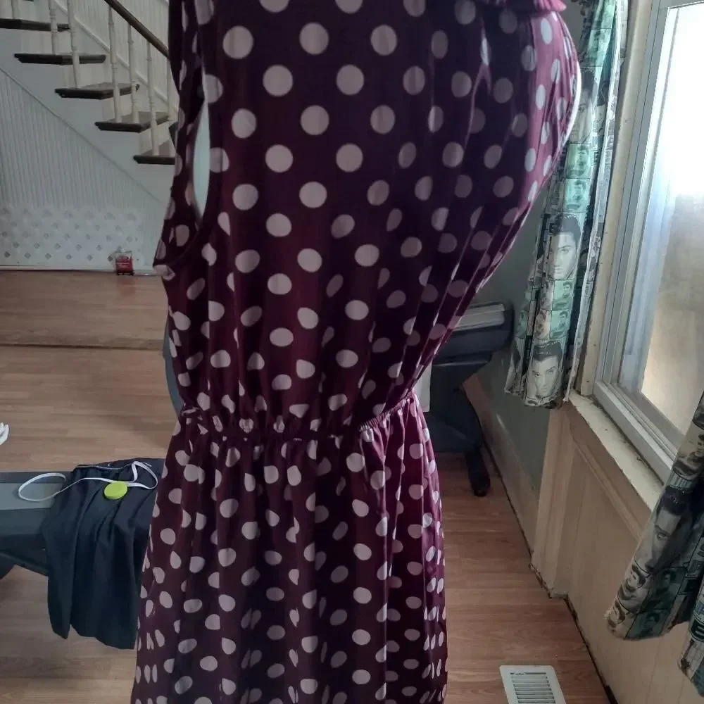 VTG Forever 21 Women's Dress Plum Polka Dot Bow Midi Sleeveless Purple Size M